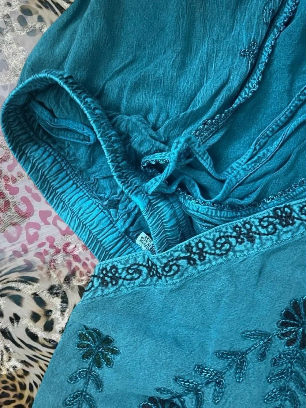 Boho Embroidered Teal Wide-Leg Pants & Overlay Set